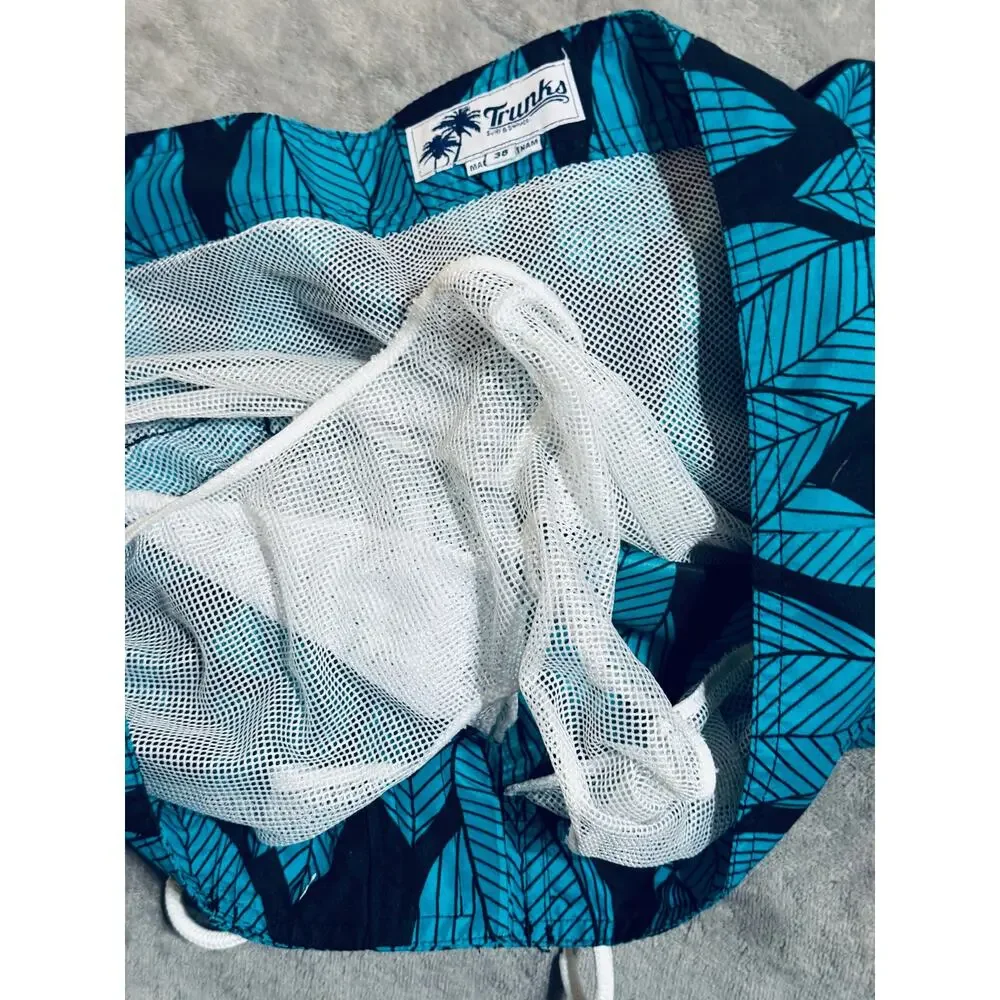 Trunks Surf & Swim Co.‎ Size 38 Men Swim Shorts Lined Blue Black Leaves Ocean